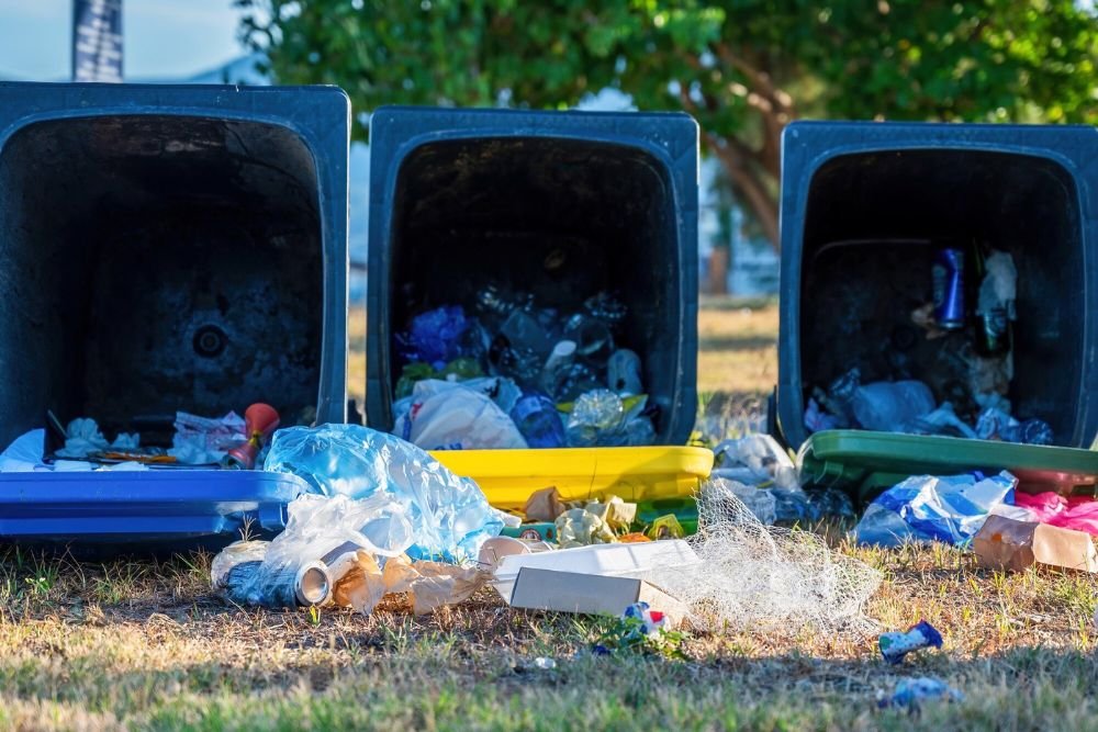 Three overflowing trash cans containing debris and items, highlighting a junk removal service in Aurora, CO.